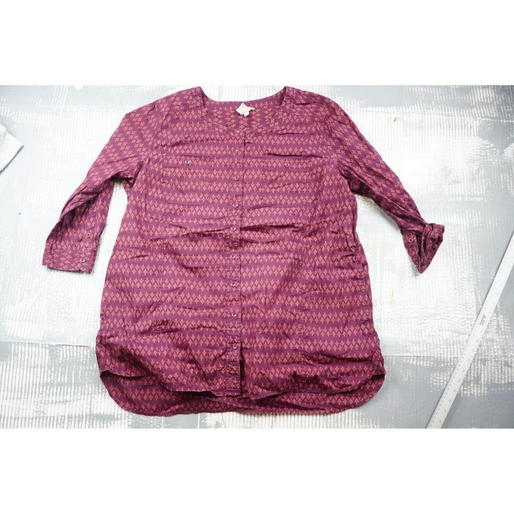Duluth Trading Co Shirt womens 2XL purple button up round neck 3/4 sleeve cotton